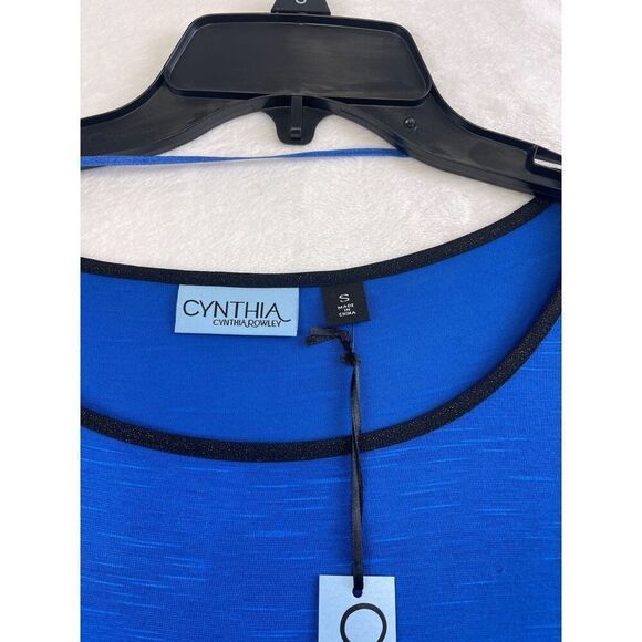 Cynthia Blue Long Sleeve Blouse Size S Lightweight Top Black Trim NWT - Picture 4 of 8